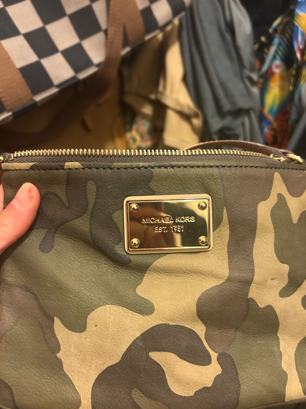 Michael Kors Green Camo Satchel and Wristlet with Pale Pink Trim - Picture 5 of 11